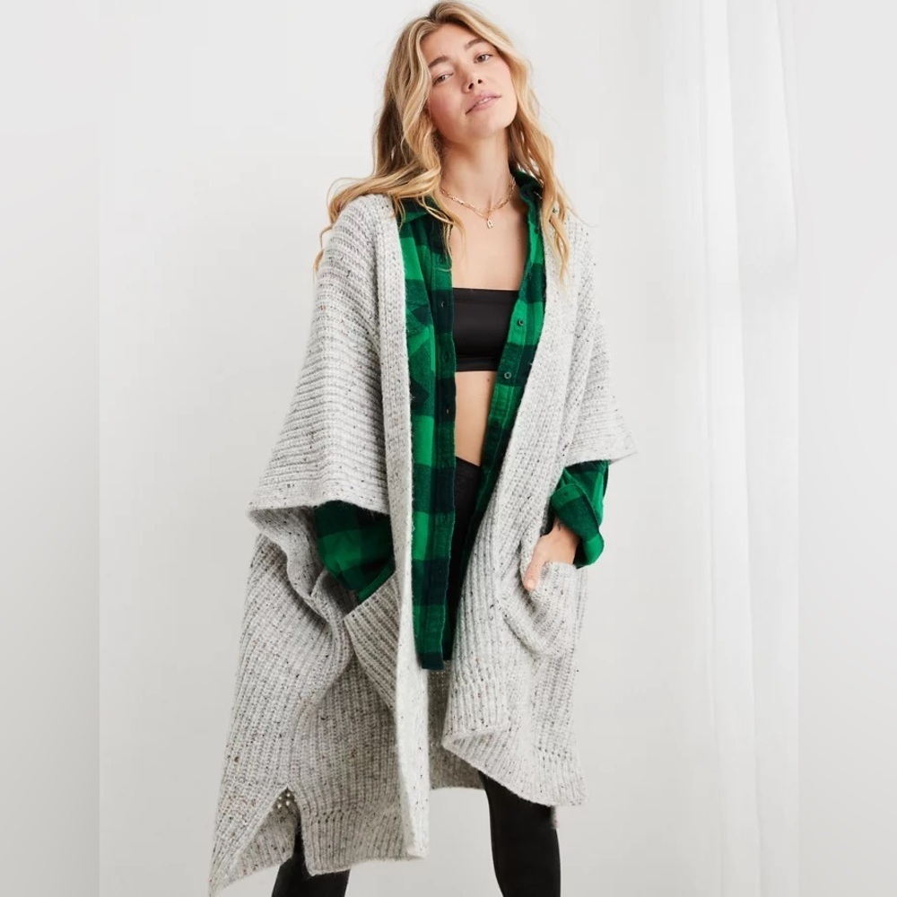 Aerie Ribbed Sweater Cape Medium Heather Grey one size cozy oversized boho